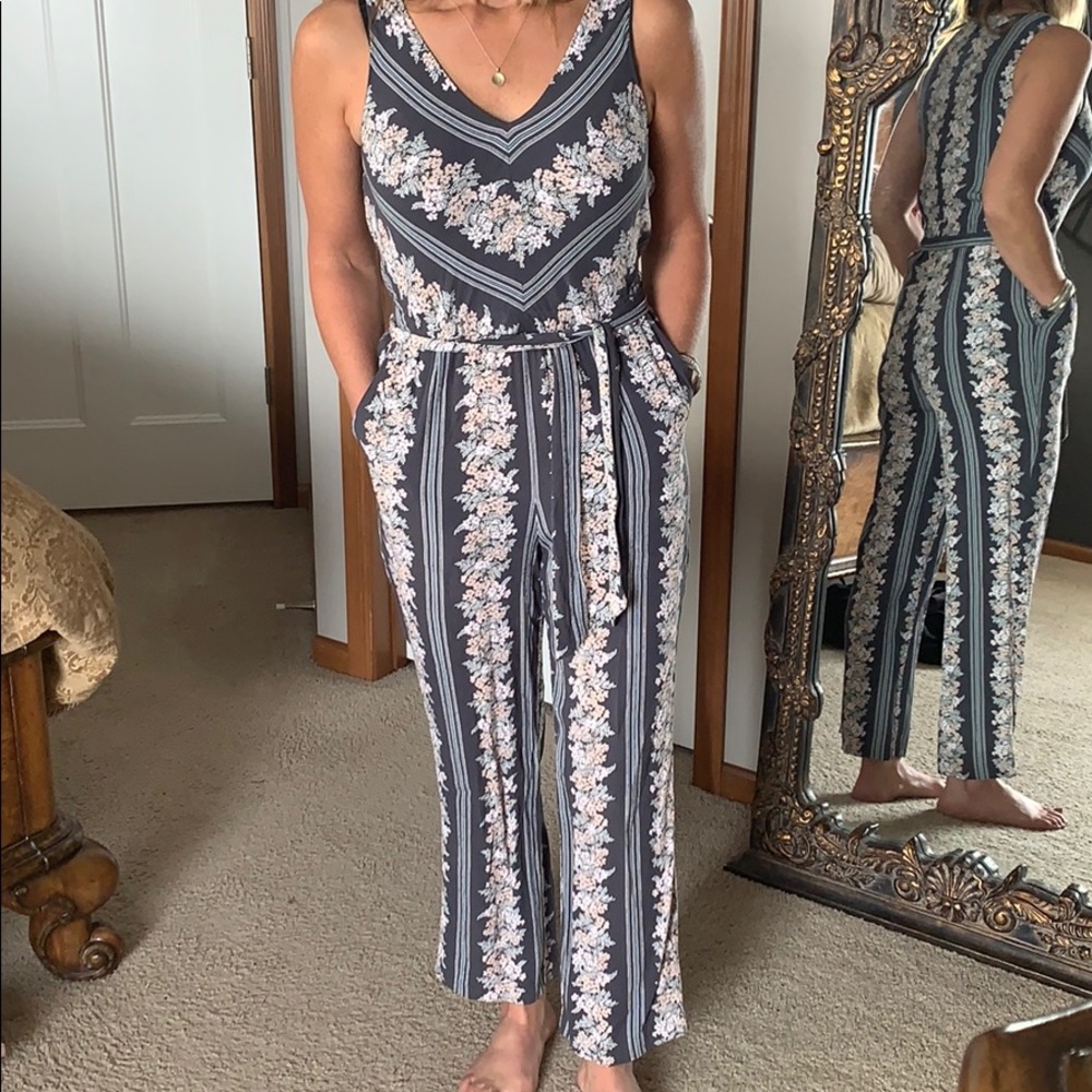 Grey and pink floral pantsuit